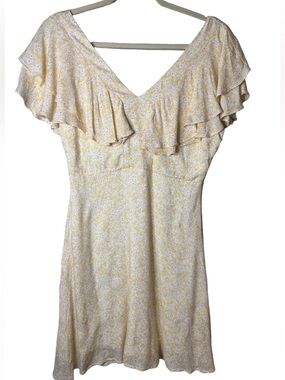 Altar'd State Yellow Floral Ruffle V‑Neck Mini Dress Size Medium